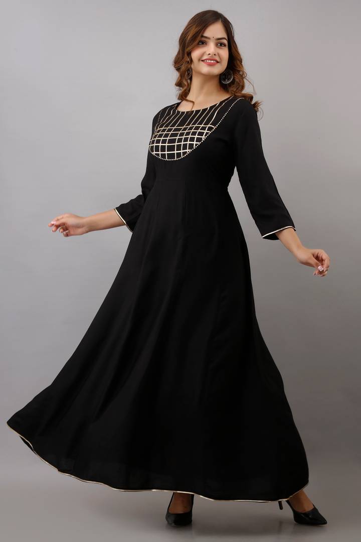 Stylish Rayon Black Gota Work 3/4 Sleeves Anarkali Kurta